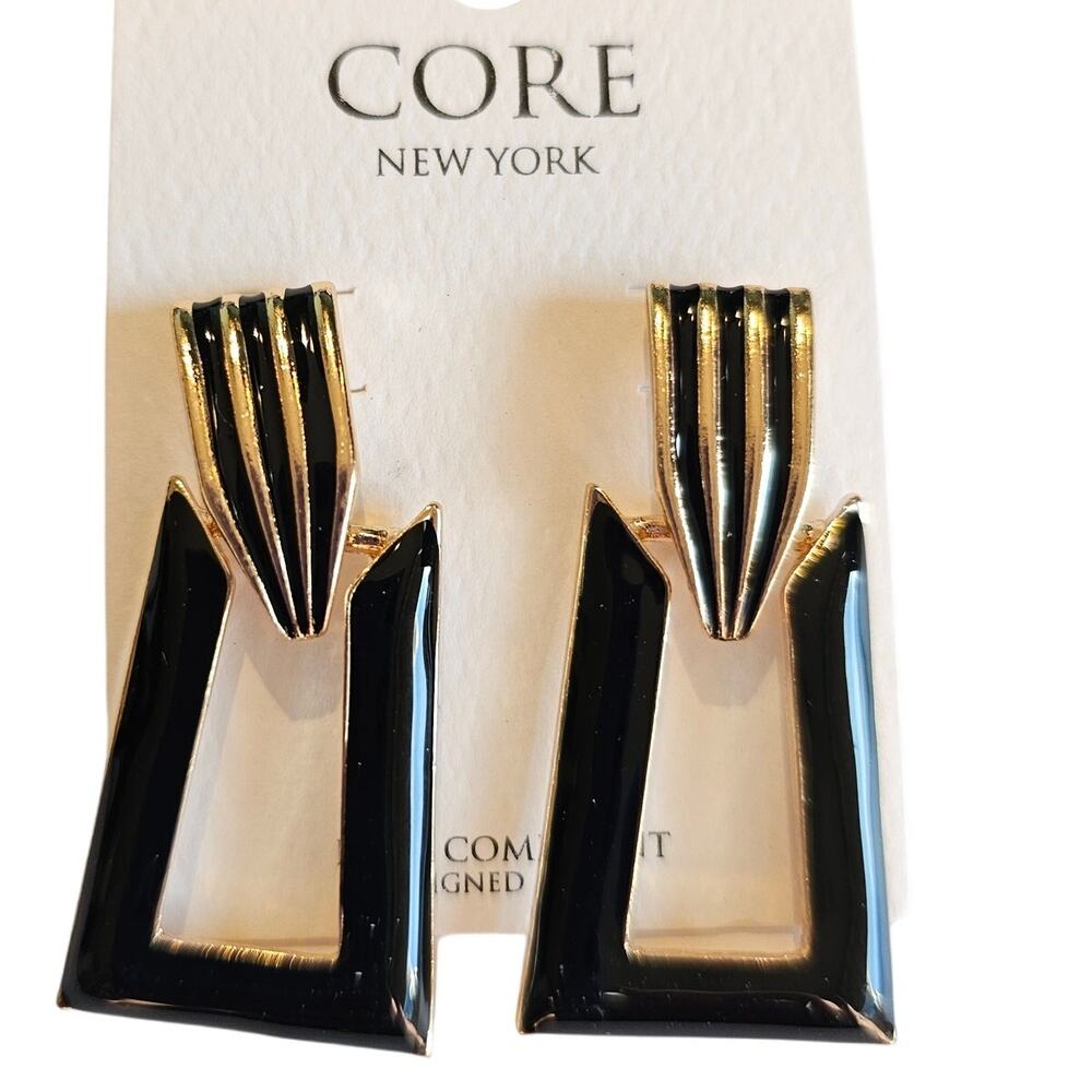 Statement Geometric Drop Earrings Gold Black Enamel Modern 1.6" Dangle New CORE